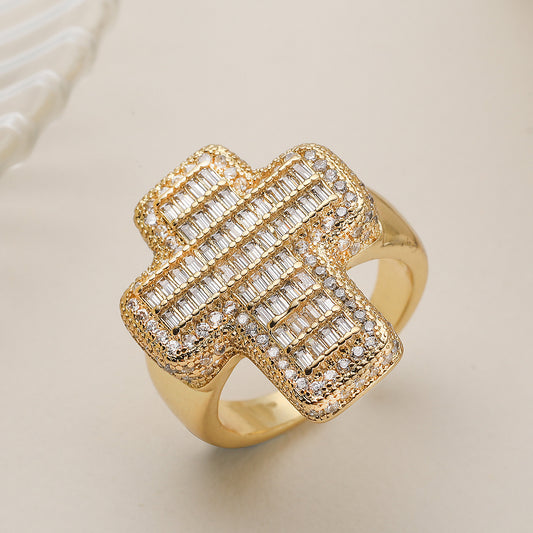 Minimalist Hip-hop 18K Gold Plated Brass Micro-inlay Cubic Zirconia Cross Geometric Ring for Women