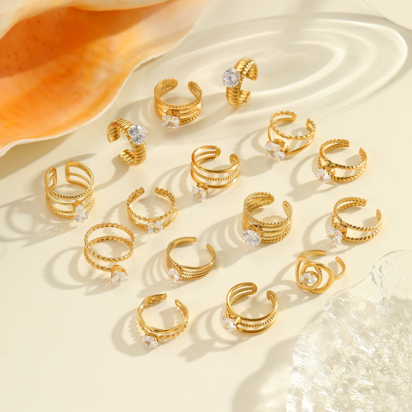 Luxury Geometric Stainless Steel Ring with Zircon Inlay and 18K Gold Plating Adjustable Women's Fashion Ring