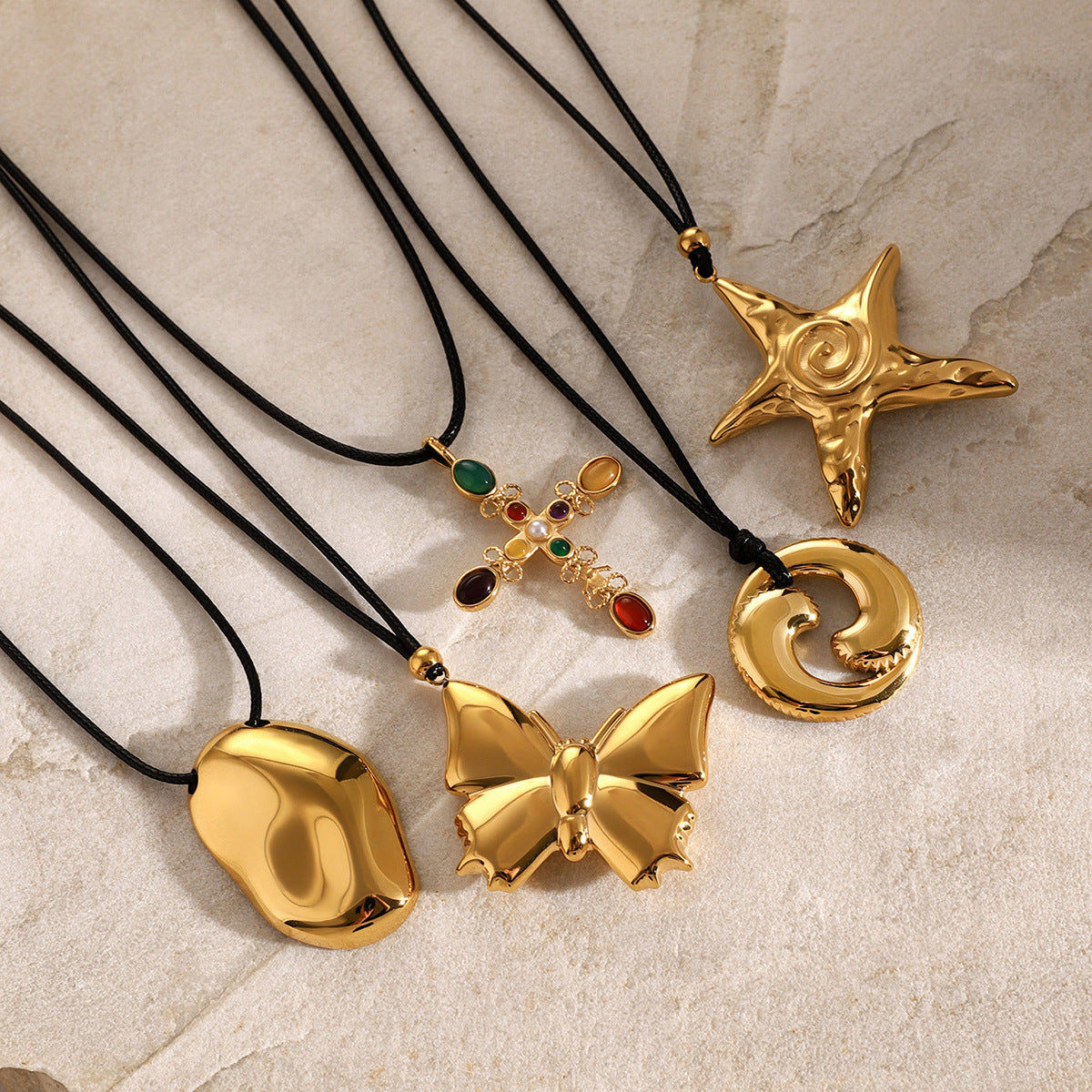 Minimalist 18K Gold Plated Stainless Steel Starfish Bow Pendant Necklace with Black Wax Cord for Women