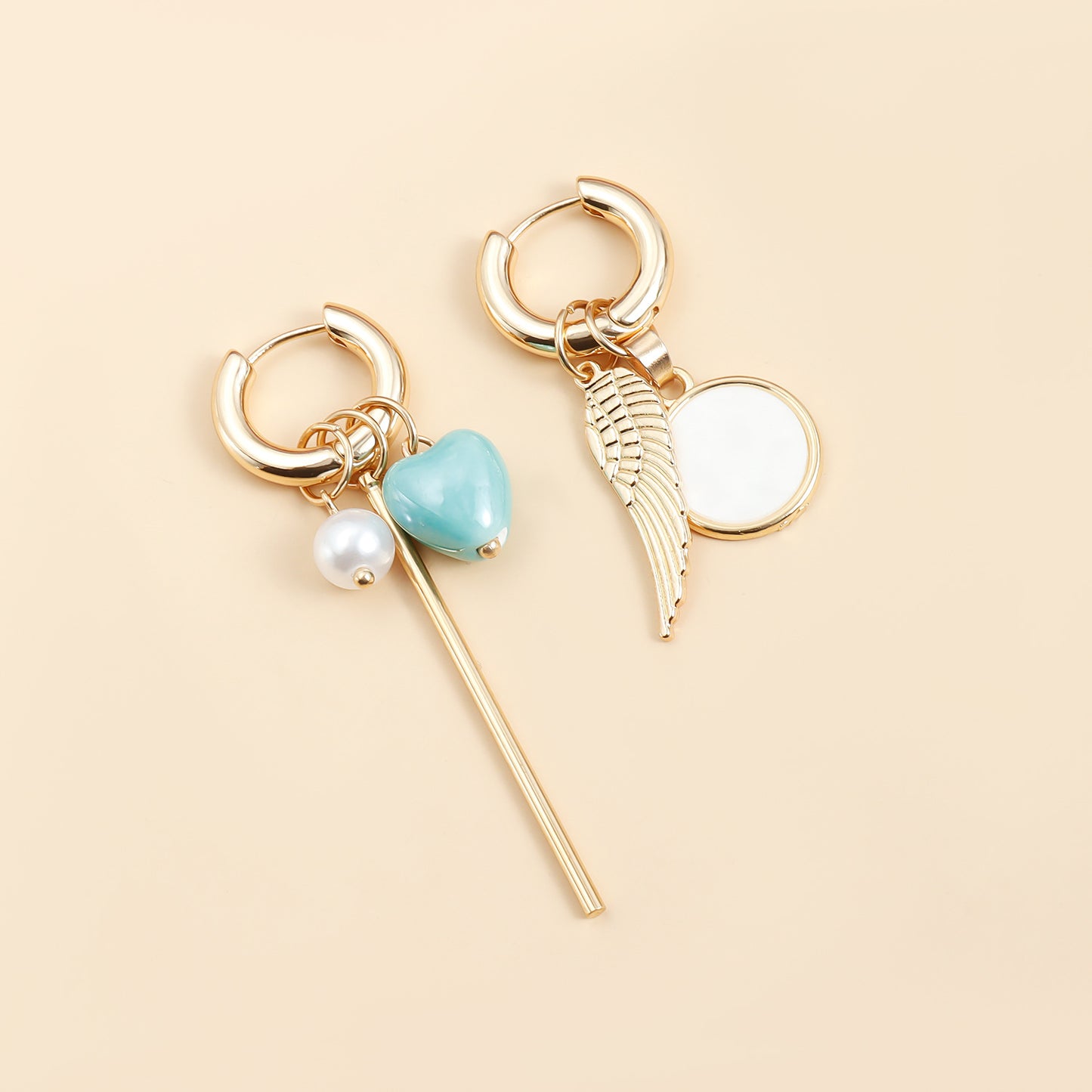 Vintage Heart Geometric Ceramic Pearl Wing Plated Asymmetric Earrings for Women
