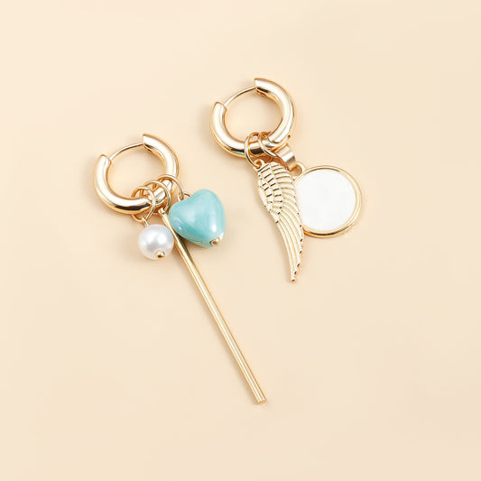 Vintage Heart Geometric Ceramic Pearl Wing Plated Asymmetric Earrings for Women