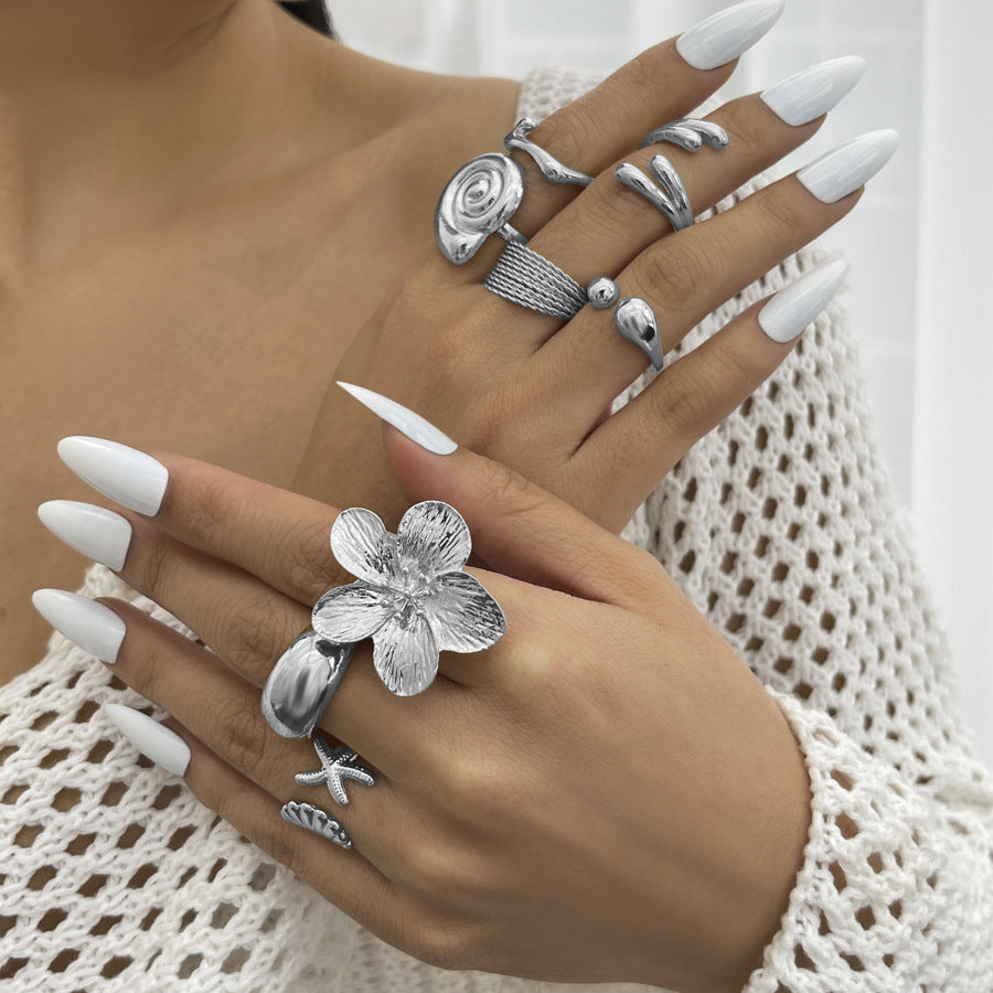 Sweet Plated Zinc Alloy Starfish and Shell Open Ring Set for Women