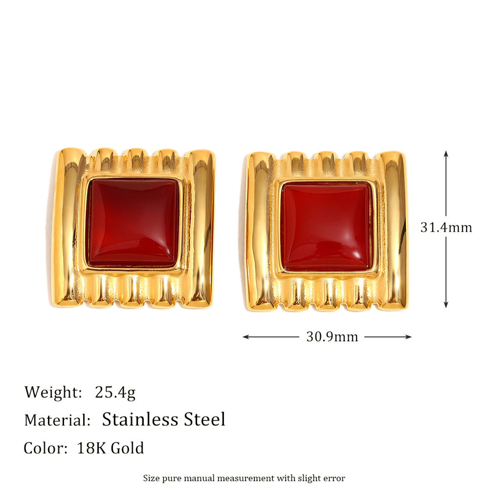 Minimalist Geometric Red Agate Stud Earrings in Stainless Steel with 18K Gold Plating for Women