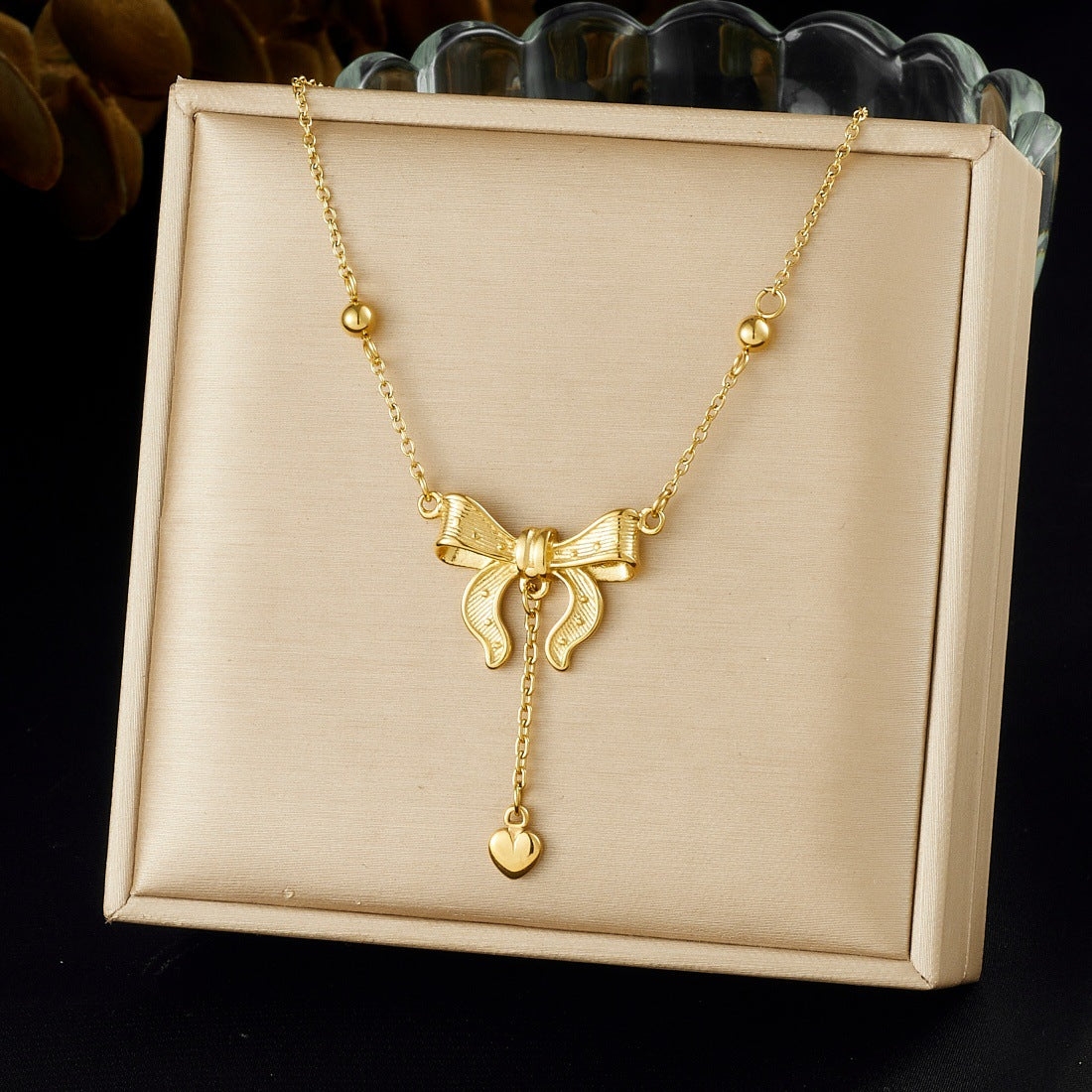 Irregular Bow Knot Heart Pendant Plated Stainless Steel Necklace with Chain Tassel for Women