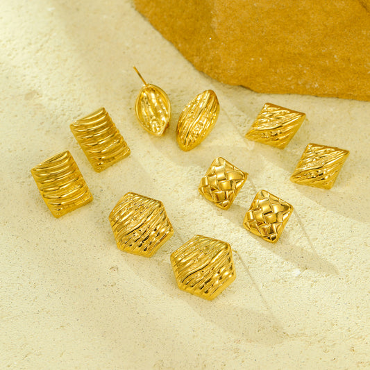 Minimalist Geometric Stainless Steel Earrings with Electroplated Finish and Textured Surface for Women