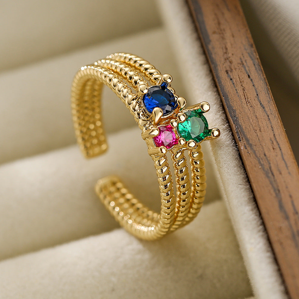 Minimalist Geometric Open Ring for Women Made of Copper with Real Gold Plating and Zircon Inlay