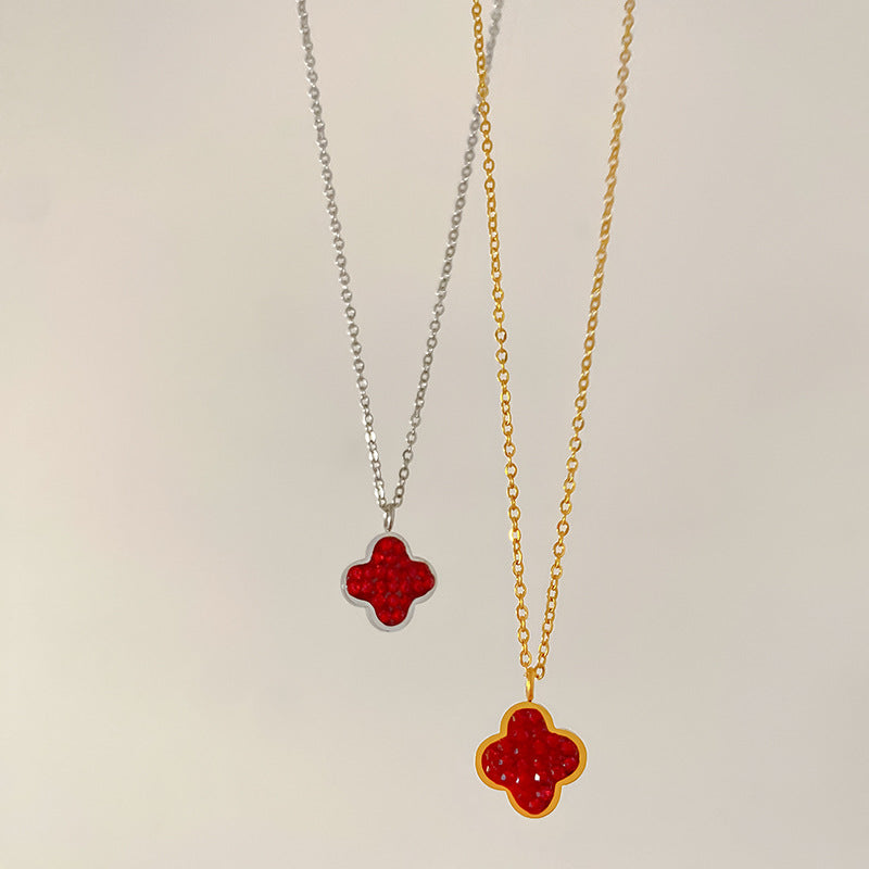 Elegant Micro-Set Cubic Zirconia Red Geometric Titanium Steel Necklace for Unisex