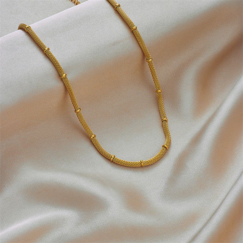 Conjunto Minimalista de Collar y Pulsera de Bambú en Acero de Titanio con Acabado Chapado sobre Cadena Redonda de Malla