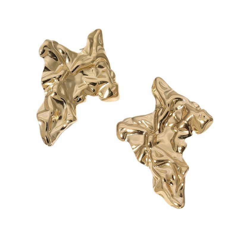 Pendientes de botón minimalistas de acero inoxidable estilo francés con diseño irregular arrugado para mujer