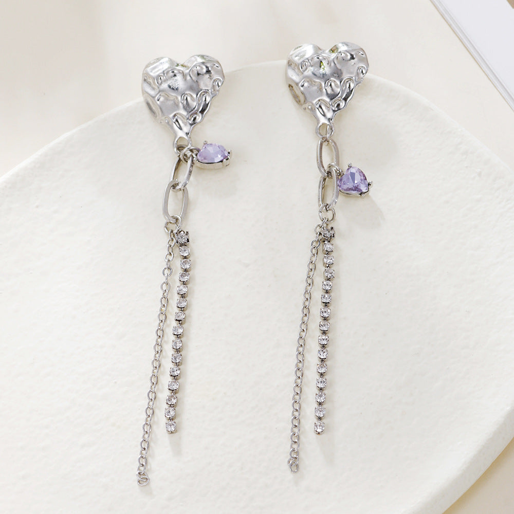 Sweet Minimalist Heart Geometric Alloy Earrings with Purple Cubic Zirconia and 925 Sterling Silver Post Long Tassel Drop Earrings for Women