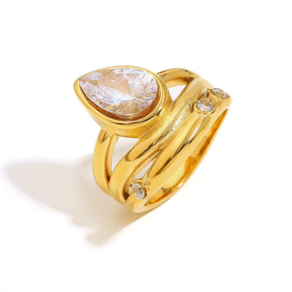 Fashionable Geometric Stainless Steel Plated 18K Gold Multi-Layer Teardrop Zircon Ring for Women