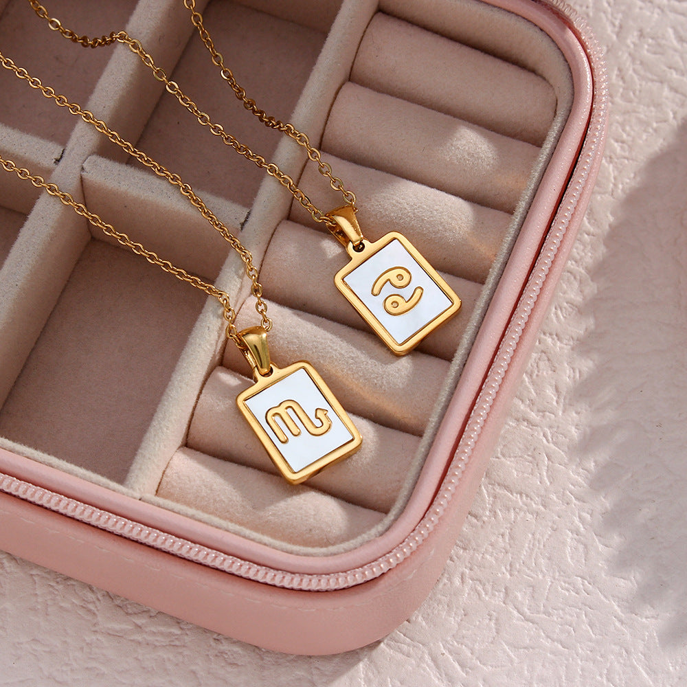Collana con ciondolo segno zodiacale alla moda da donna con catena in acciaio inossidabile e intarsio in conchiglia naturale a forma di quadrato geometrico