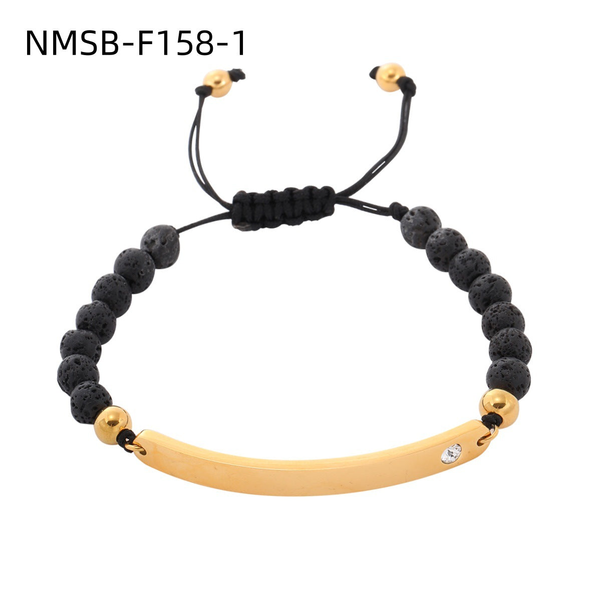 Bracciale alla moda da ufficio in acciaio inossidabile con pietre vulcaniche nere geometriche, intarsio di strass e opzione di incisione per donne