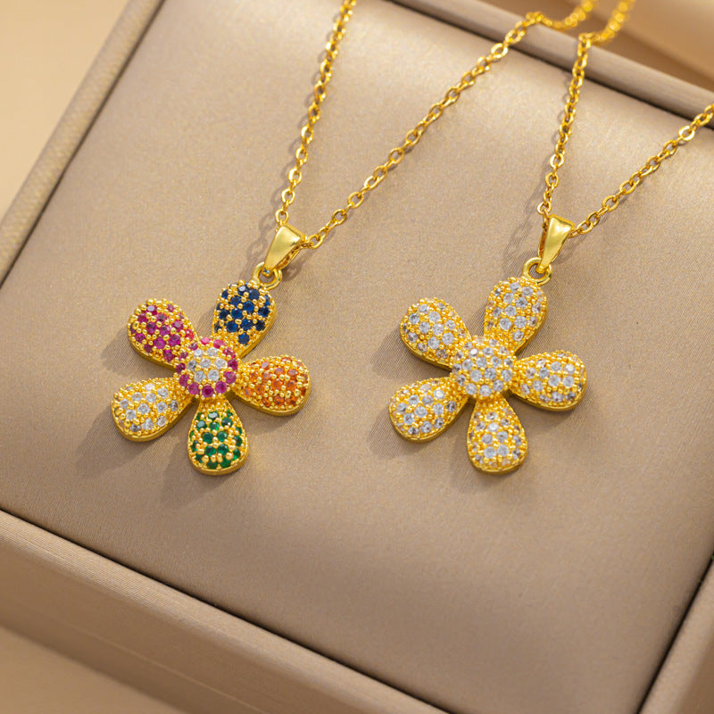Collana minimalista con ciondolo a girasole da donna in acciaio al titanio con intarsio di strass e catena a O