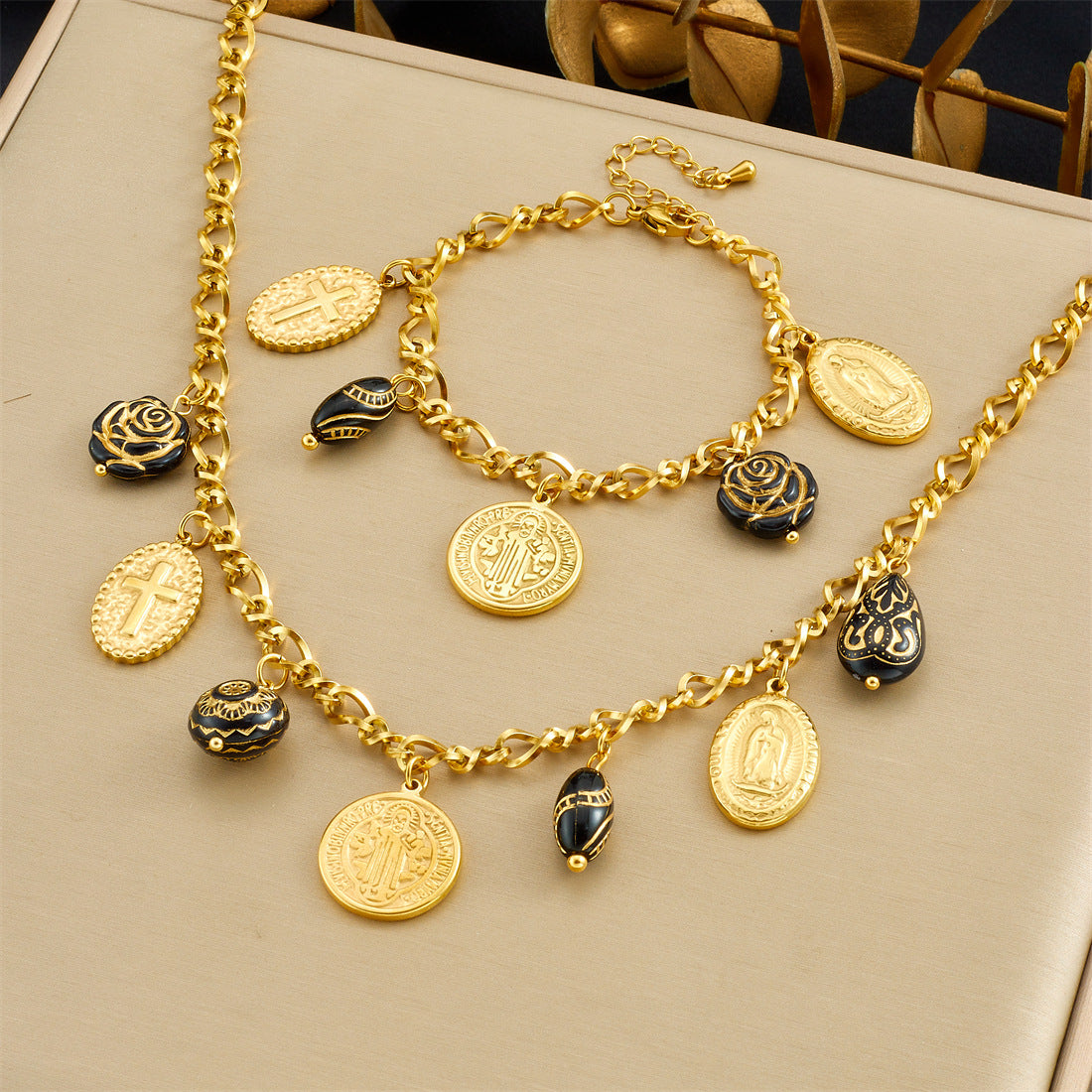 Luxury Elegant Black Gold Round Cross Pendant with Acrylic Flower Stainless Steel Jewelry Set for Women