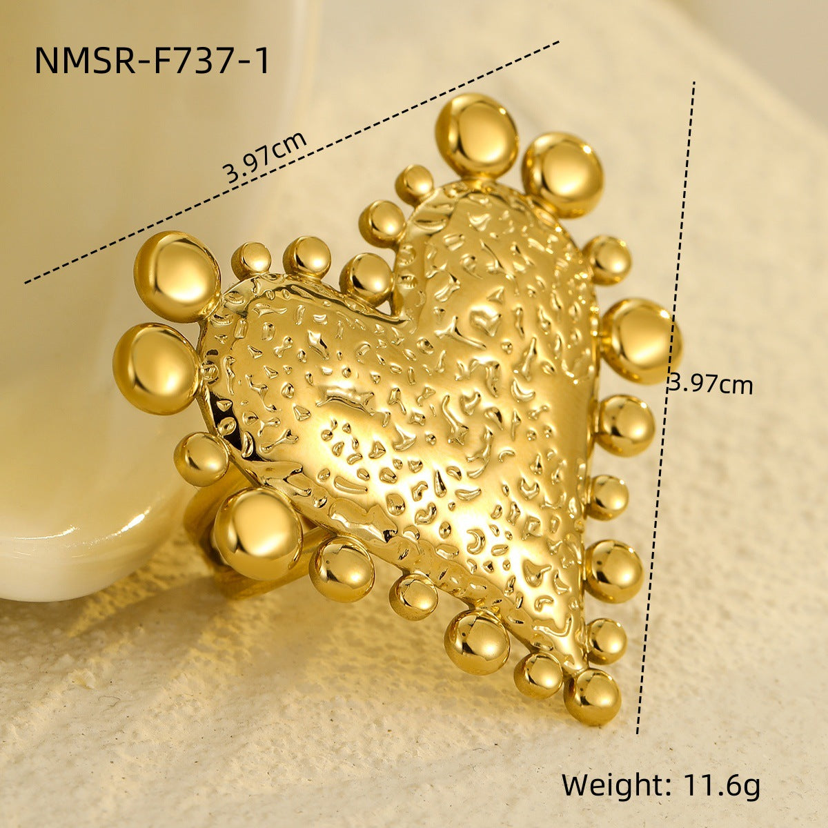 Anello da donna in acciaio al titanio martellato a forma di cuore irregolare minimalista placcato oro