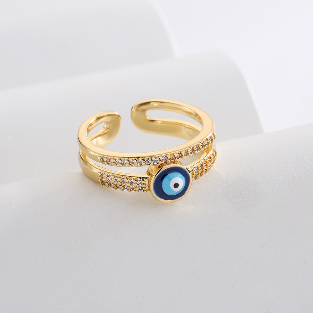 Anello Geometrico a Occhio Aperto da Donna in Rame con Placcatura in Oro 18K e Finitura Smaltata con Intarsio in Zirconi