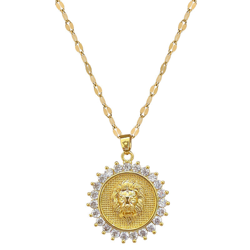 Minimalist Round Lion Head Pendant Necklace for Women and Men in Titanium Steel with Rhinestone Inlay on Snake Chain