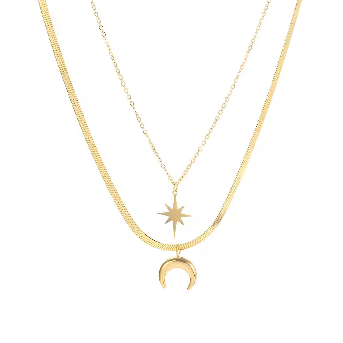 Collana da Donna Minimalista Geometrica a Stella di David a Doppio Strato con Luna in Acciaio Inossidabile, Ciondolo Placcato