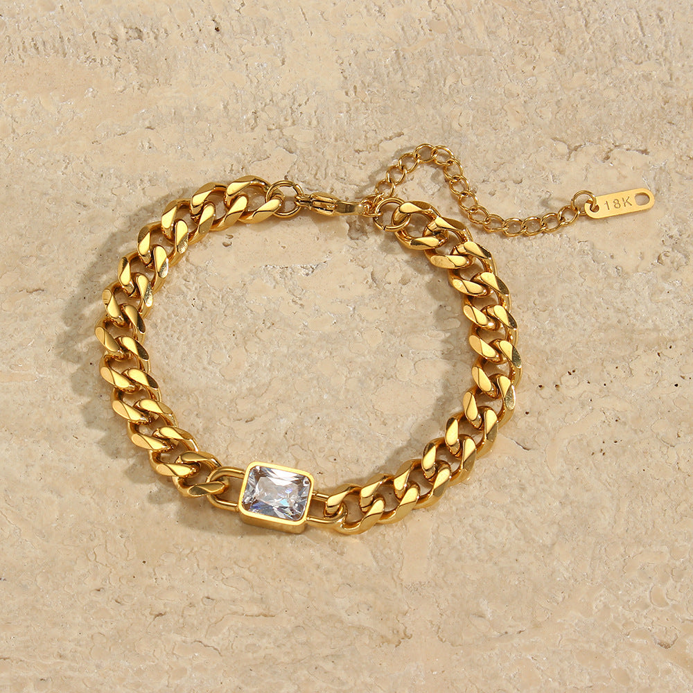 Bracciale a catena cubana geometrico alla moda in acciaio inossidabile da donna con placcatura in oro 18 carati e inserti in zirconi