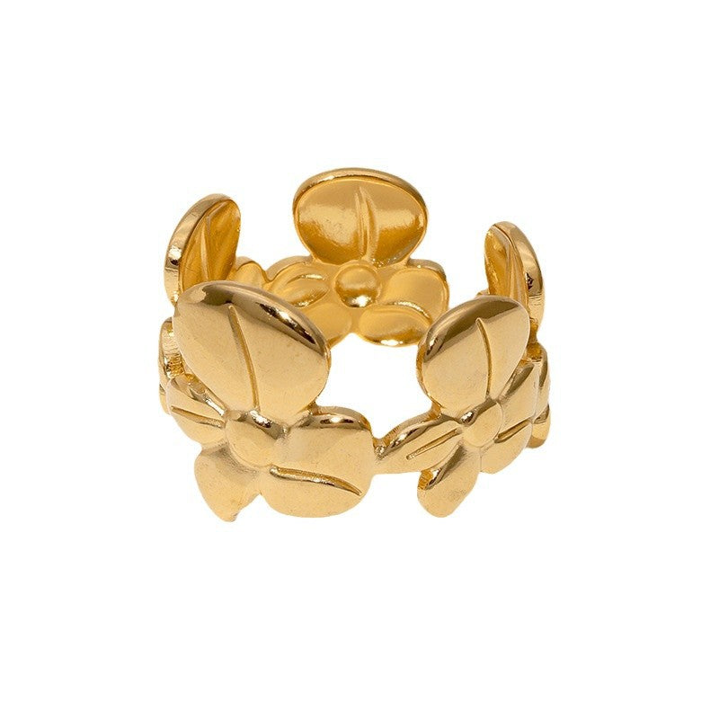 Anello Aperto da Donna Minimalista Floreale in Acciaio Inossidabile con Finitura Placcata
