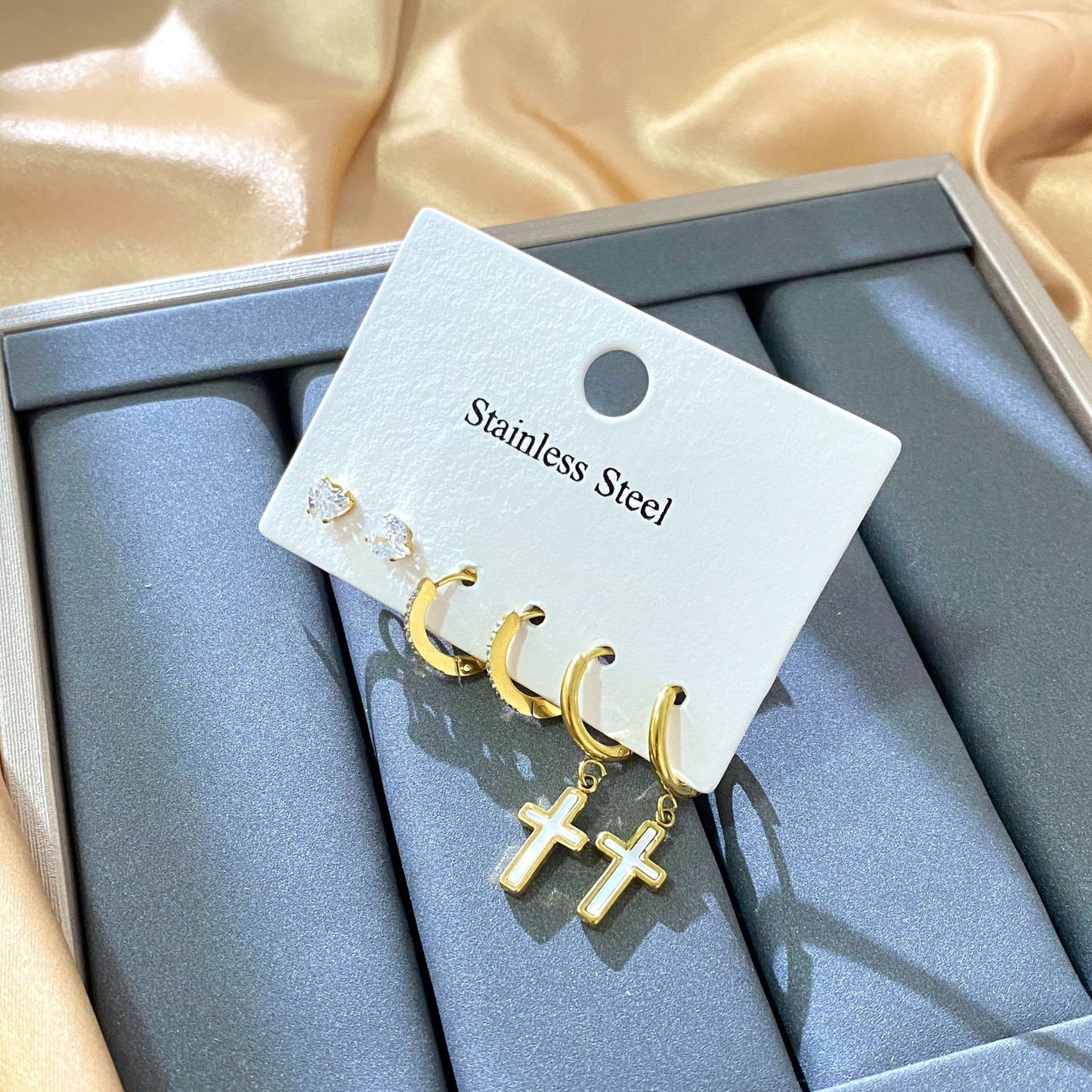 Elegant Stainless Steel Cross Cactus Leaf Rhinestone Stud Earrings for Women