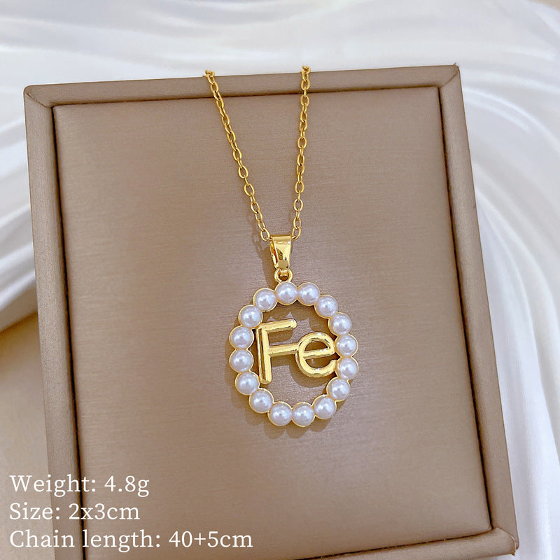 Sweet Geometric Moon Hollow Pearl Rhinestone Pendant Necklace Titanium Steel Cable Chain for Unisex