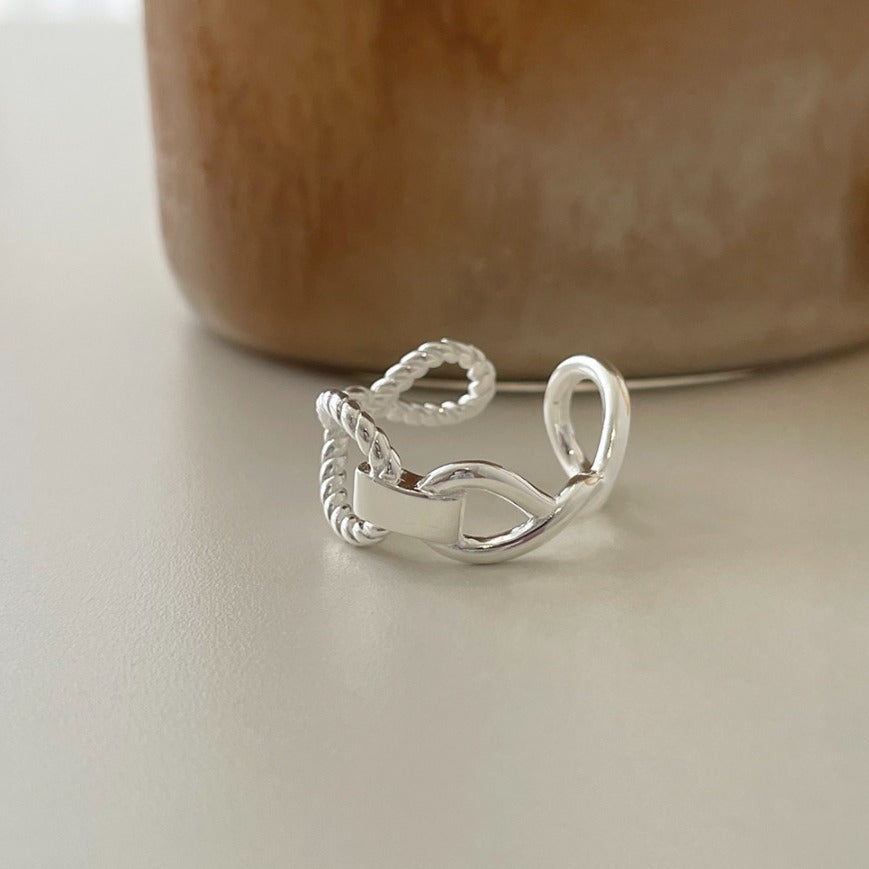 Minimalist 925 Sterling Silver Braided Twist Open Ring with Cross Design for Women