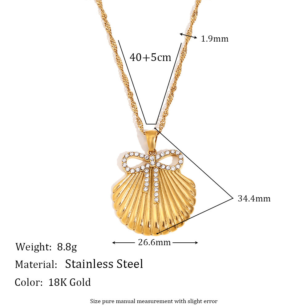 Fashionable Bow Knot Pendant Necklace for Women Stainless Steel Base with 18K Gold Plating Featuring Scallop Shell and Starfish Inlay Design