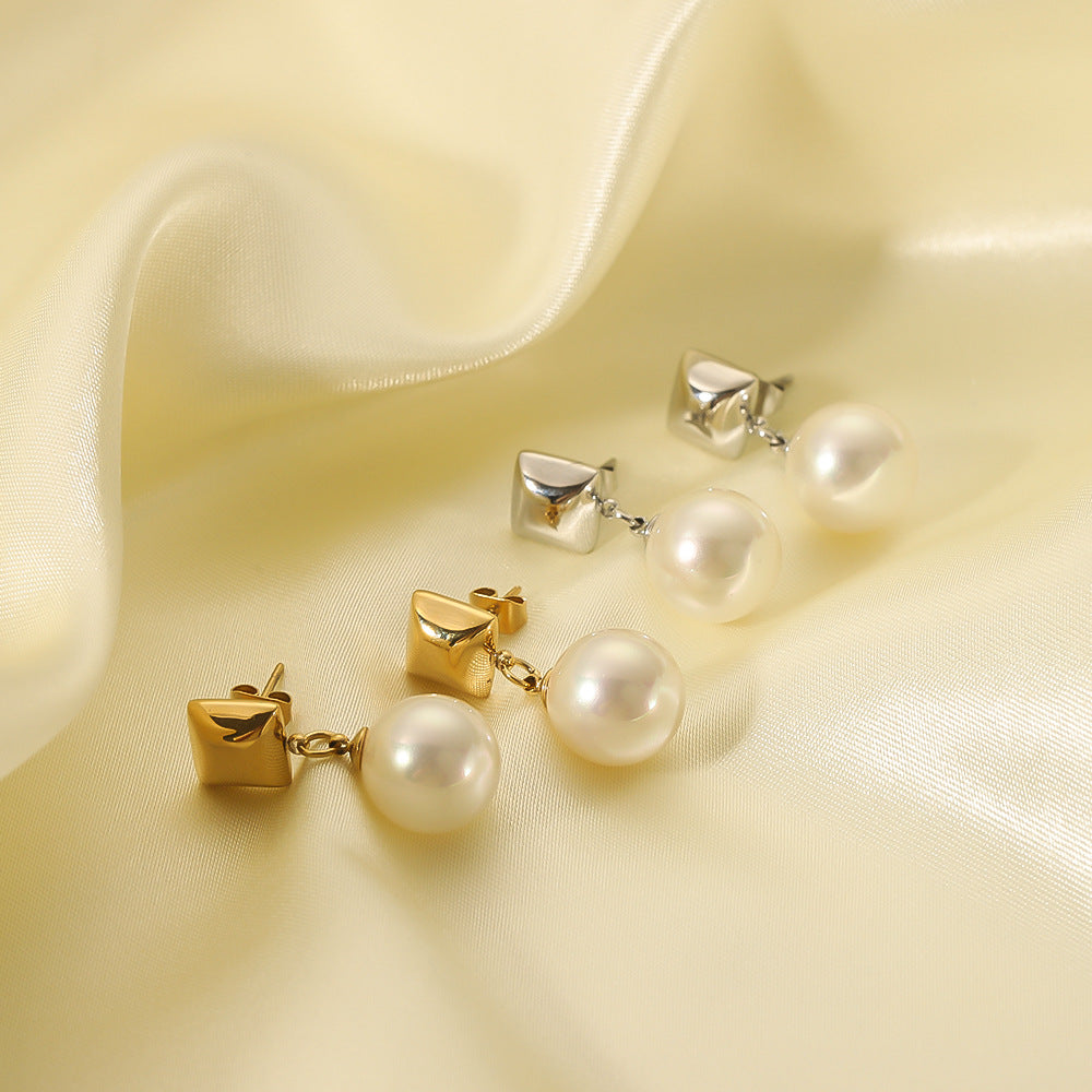 Geometric Rhombus Pearl Earrings in Stainless Steel with 18K Gold Vacuum Plating for Women