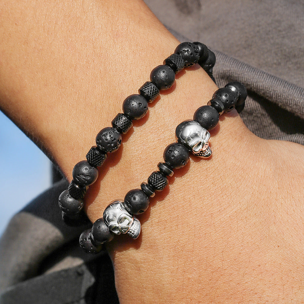 Hip-hop Geometric Round Stainless Steel Bracelet with Volcanic Stone Beads for Men and Women