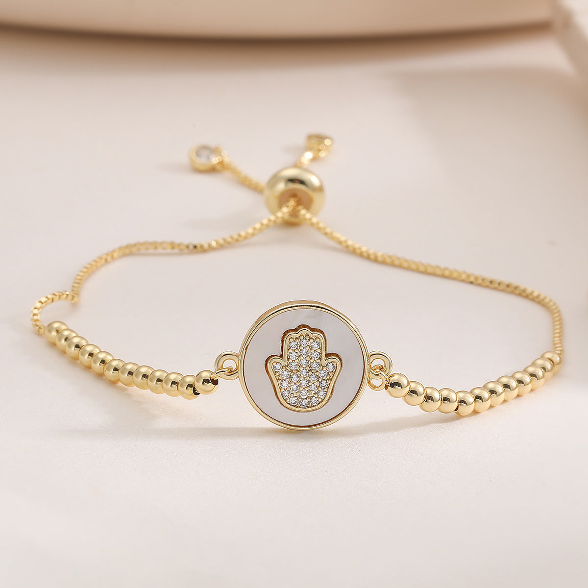 Minimalist 18K Gold Plated Brass Geometric Hand Bracelet with Cubic Zirconia for Women