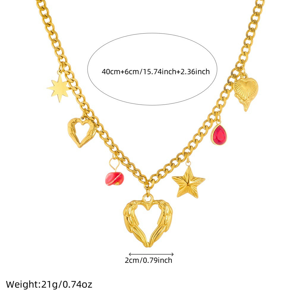 Fashionable Hollow Heart and Star Pendant Necklace with Rhinestone Accents in Gold-Plated Stainless Steel for Women