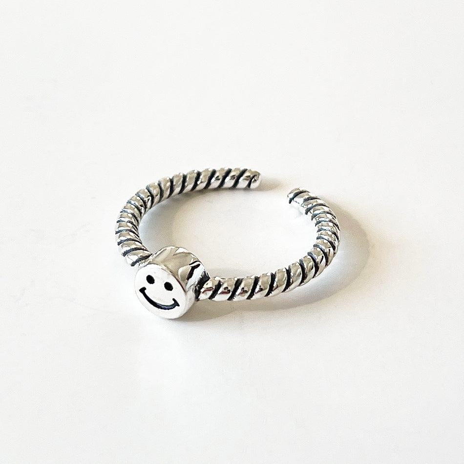 Anello lucido in argento sterling 925 vintage a forma di sorriso geometrico