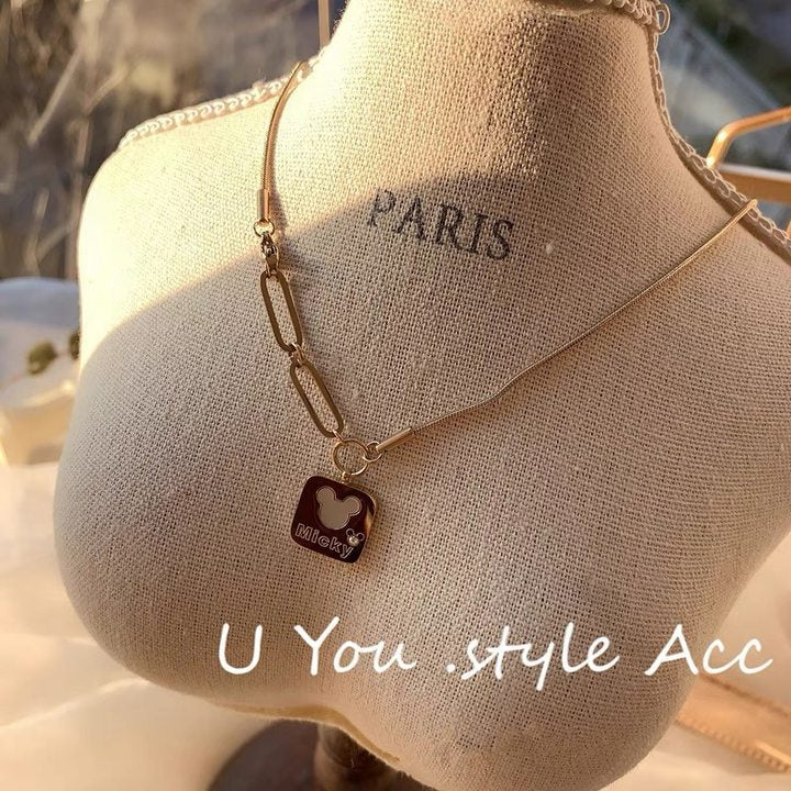 Minimalist Square Shell Mickey Mouse Titanium Steel Snake Chain Clavicle Necklace with Plating Finish