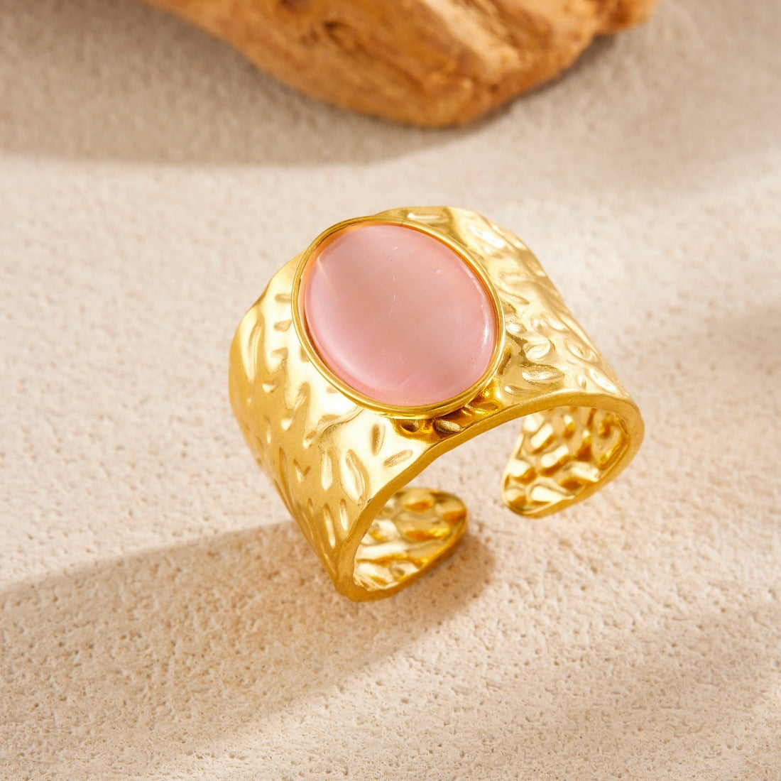 Vintage Gold Plated Stainless Steel Oval Geometric Gemstone Inlay Wide Band Ring