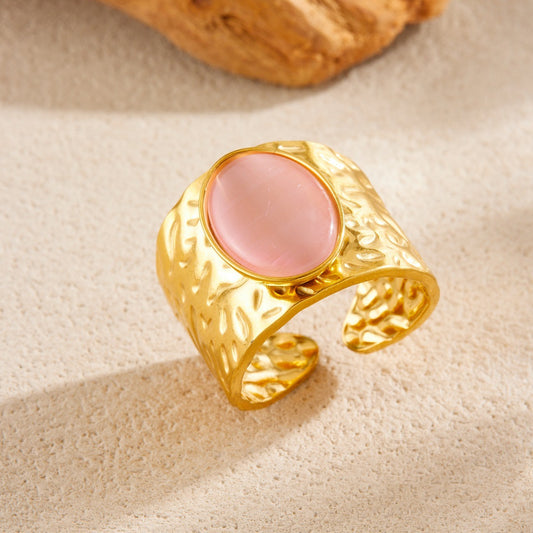 Vintage Gold Plated Stainless Steel Oval Geometric Gemstone Inlay Wide Band Ring