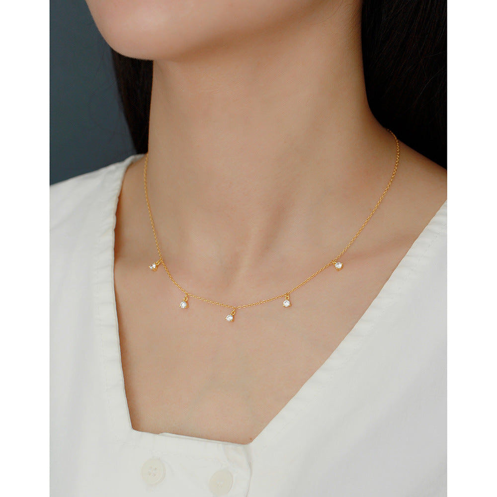 Minimalist Geometric Multi-Pendant S925 Sterling Silver Collar Necklace with Rhinestone Inlay for Women