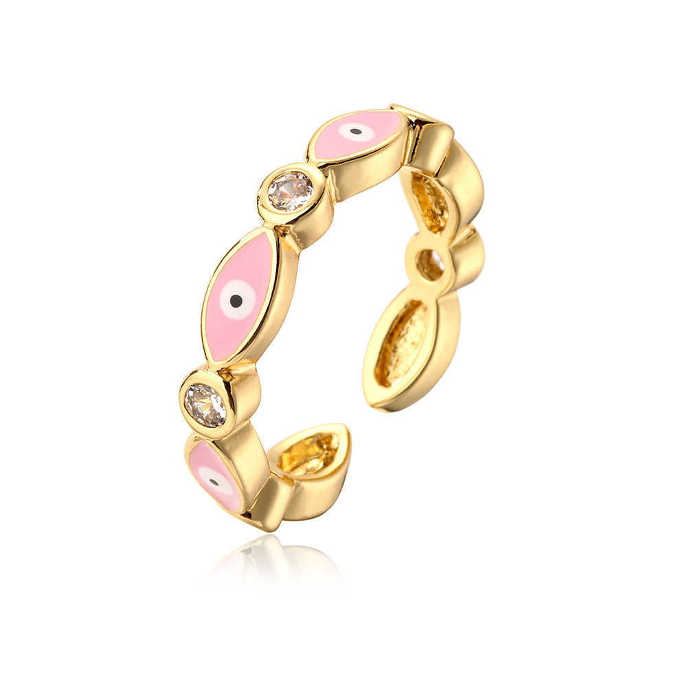 Minimalist Geometric Copper Ring with 18K Gold Plating and Enamel Eye Detail for Women