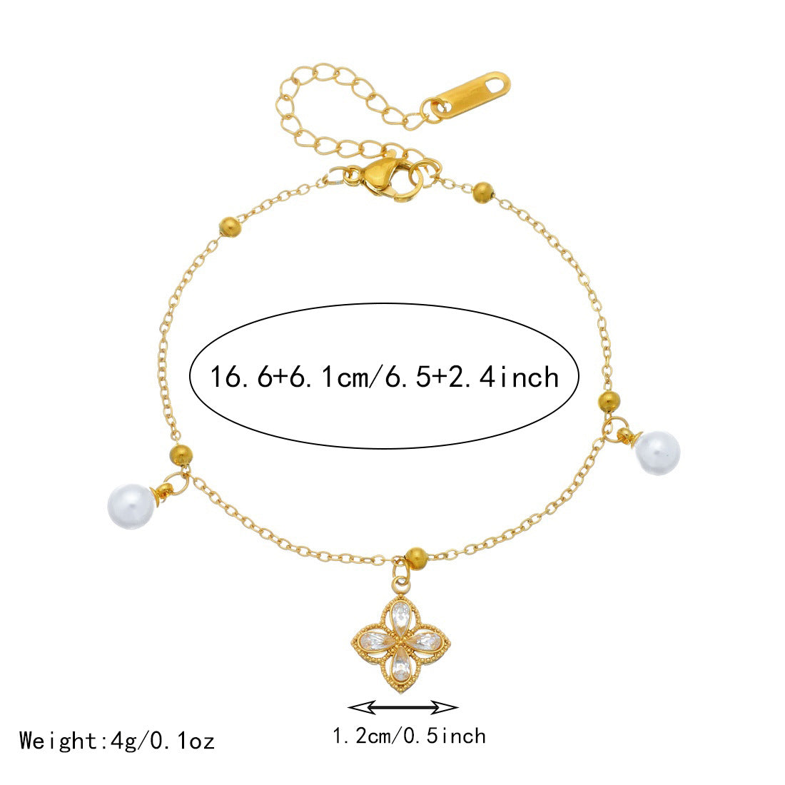 Elegant Business Gold Plated Stainless Steel Square Floral Rhinestone and Imitation Pearl Bracelet