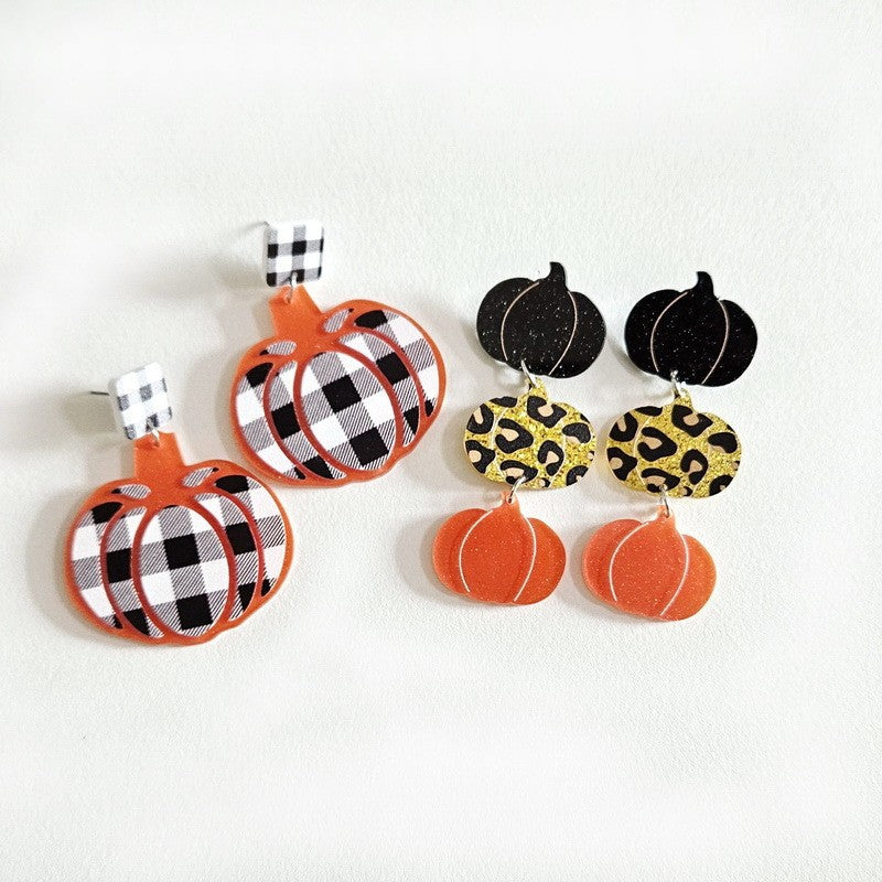 Pendientes acrílicos de calabaza con estampado de leopardo a cuadros blancos y negros para mujer para Halloween, Pascua, otoño