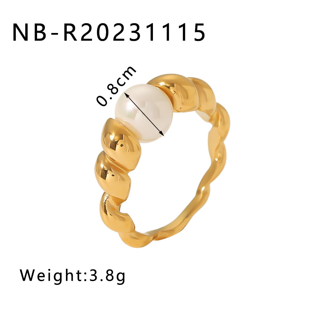 Vintage Geometric Stainless Steel Ring with Pearl Accents and 18K Vacuum Plating for Women