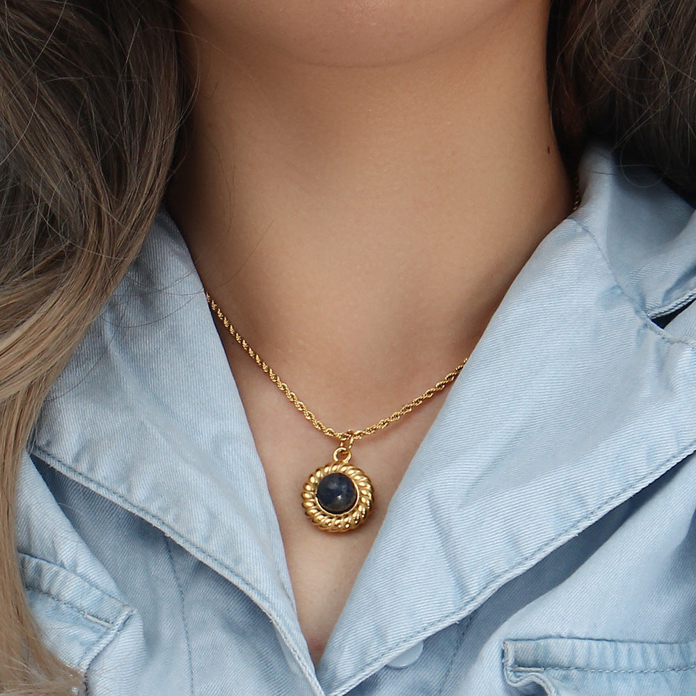 Collana con Pendente Vintage di Agata Geometrica in Acciaio Inox, Placcatura in Oro 18K e Catena Ondulata