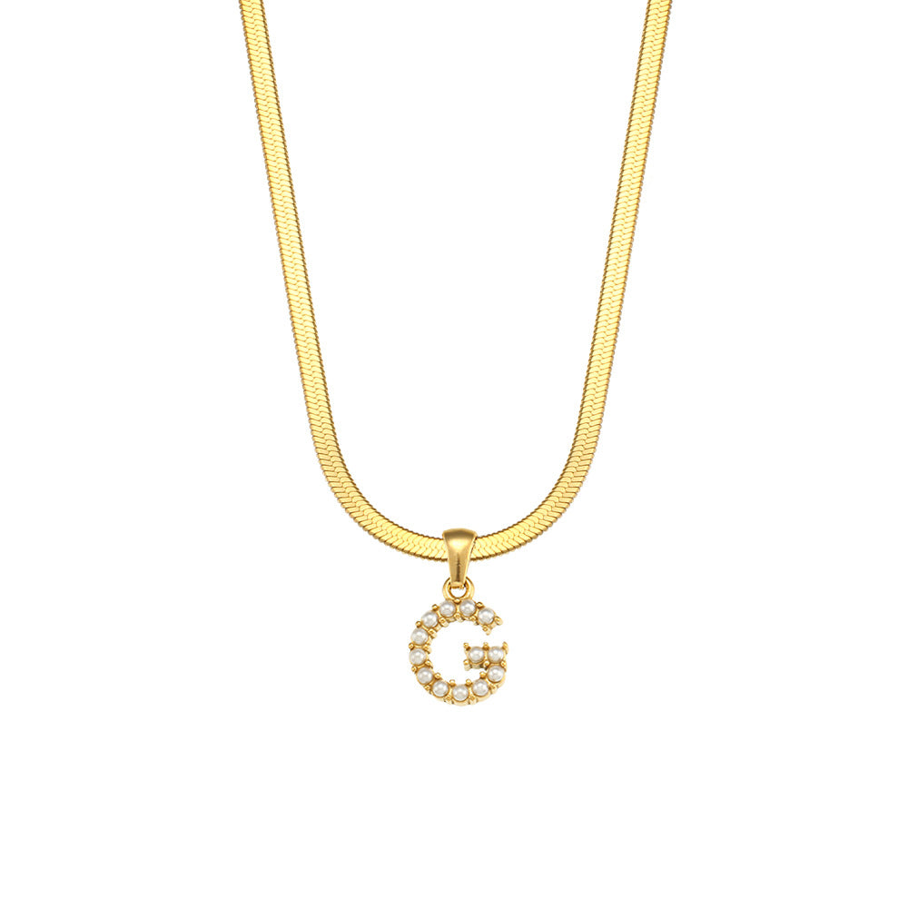 Fashionable Letter Pendant Necklace for Women Stainless Steel Plated 18K Gold Flat Snake Chain with Pearl Accent
