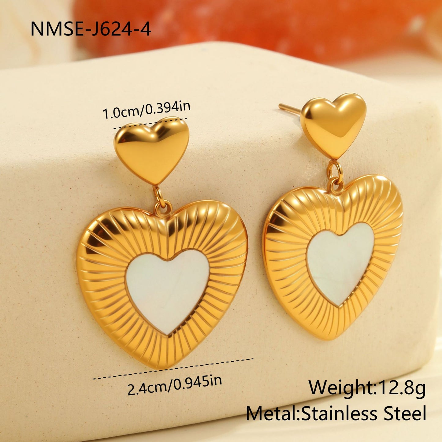 Minimalist Heart-Shaped Stainless Steel Earrings with White Mother-of-Pearl Inlay, Plated Finish, Elegant Women's Luxury Ear Jewelry