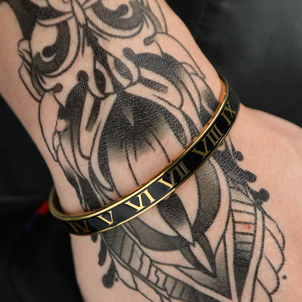 Black Drip Oil Plated Titanium Steel Cuff Bracelet with Roman Numbers and Geometric Round Design for Unisex