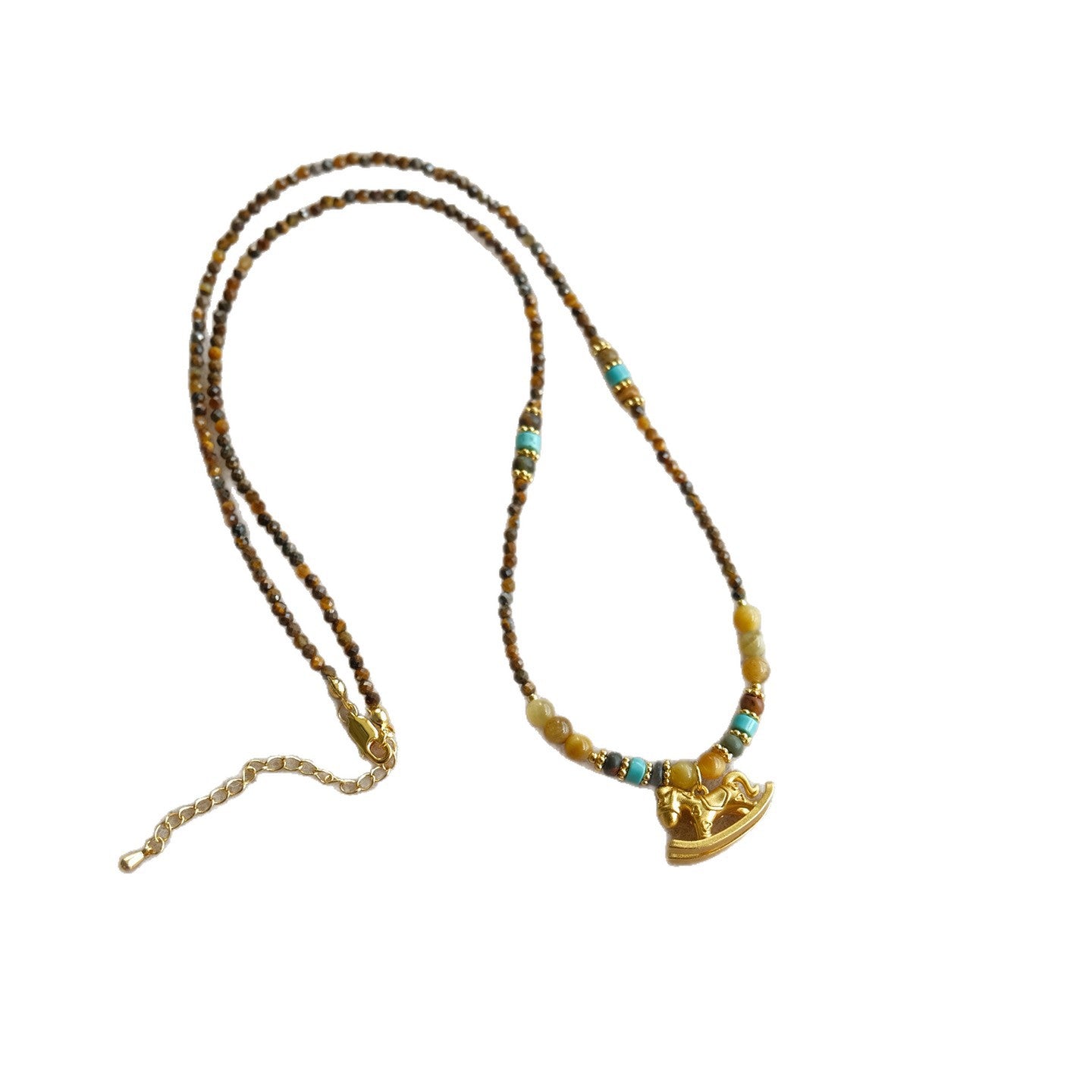 Collana da donna con perline a occhio di tigre geometriche di lusso leggero e cavallo, placcata in oro 18 carati, catena clavicola in rame