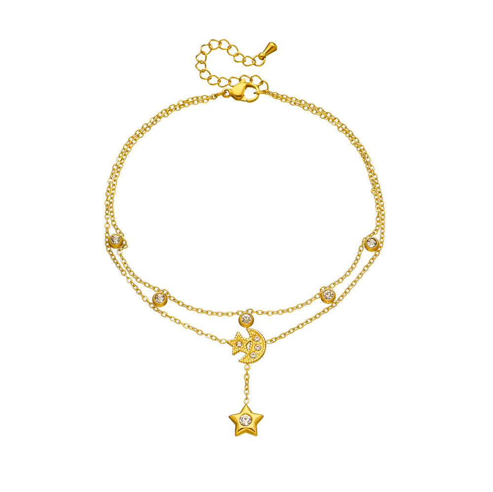 Minimalist Stainless Steel Star Moon Rhinestone Tassel Anklet for Women