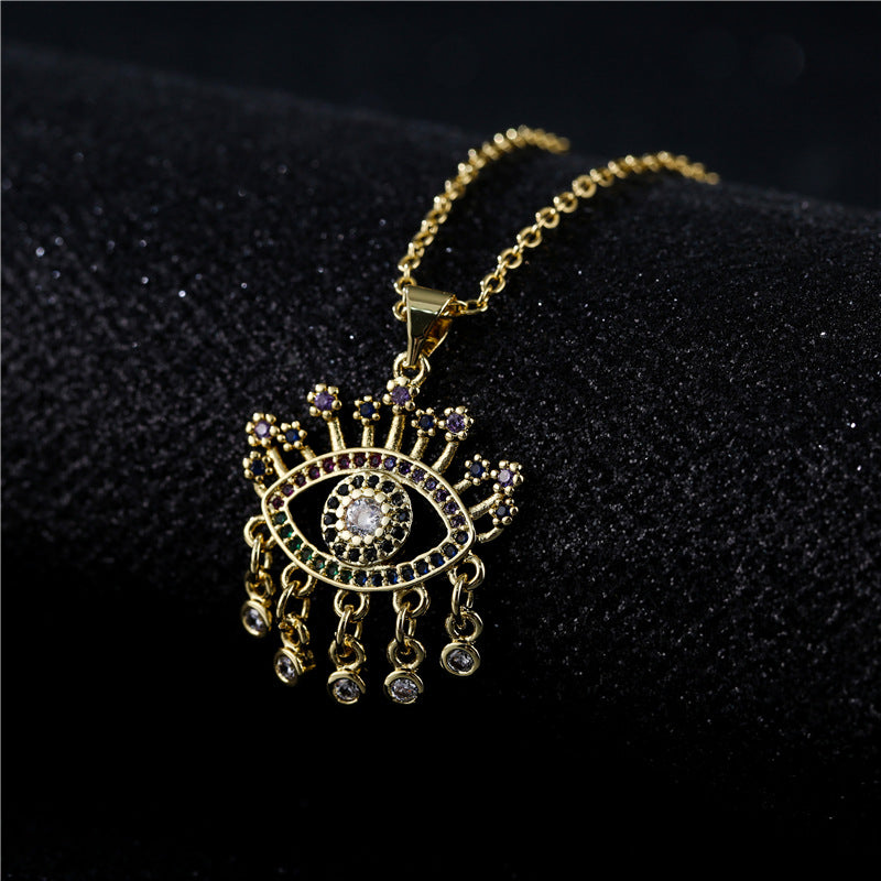 18K Gold Plated Geometric Eye Pendant Necklace with Cubic Zirconia Inlay for Women