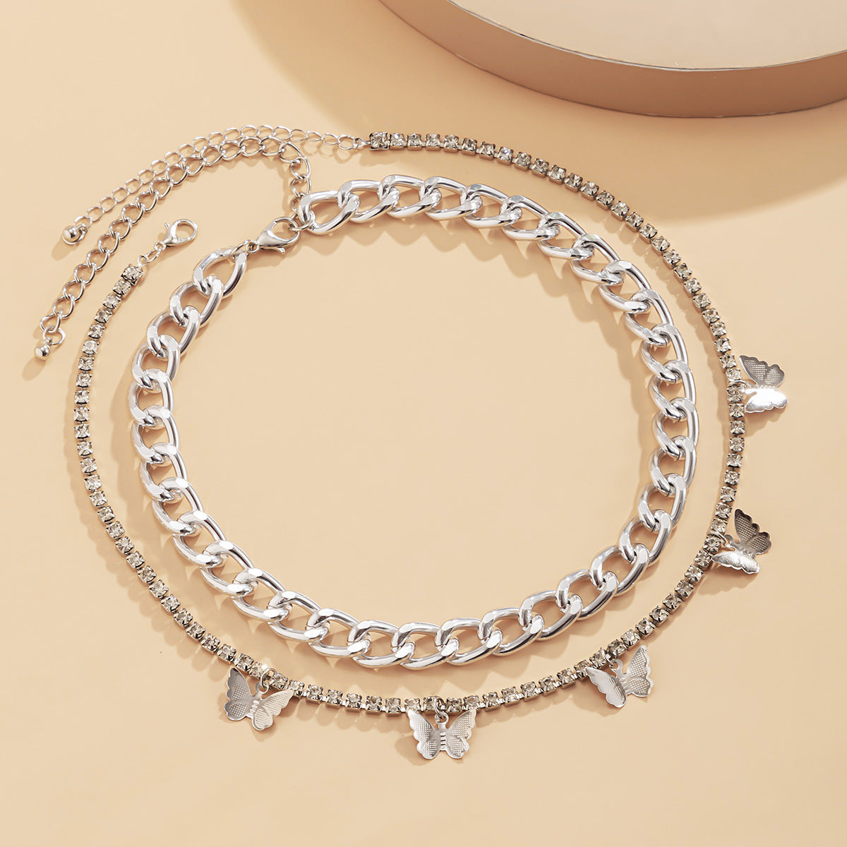 Minimalist Geometric Butterfly Rhinestone Alloy Plated Necklace with Curb Chain for Women